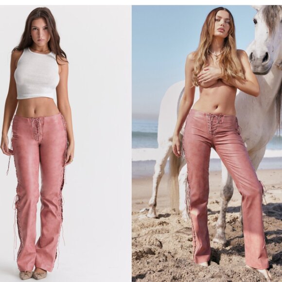 House of Cb ‘Drew’ Warm Pink Vegan Leather Lace Up Trousers NWT